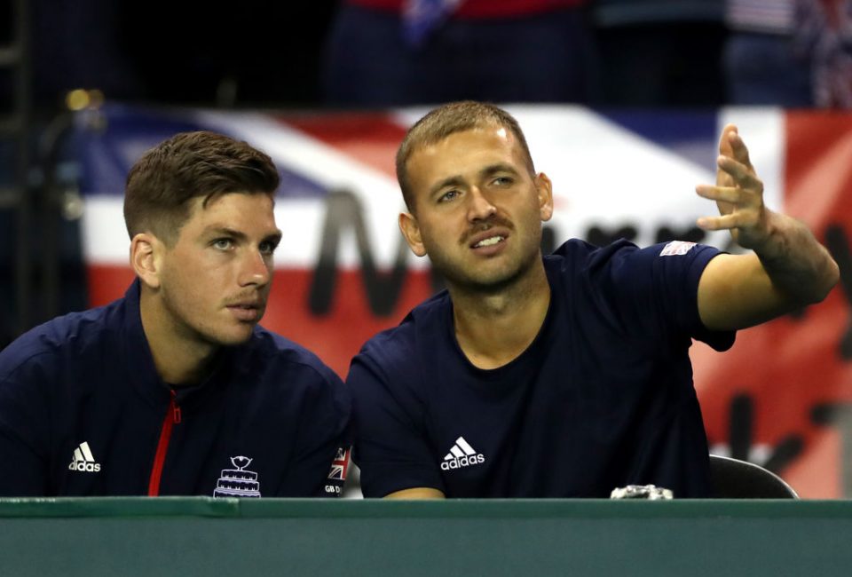 GLASGOW, SCOTLAND - SEPTEMBER 15:  Daniel Evans (R) and Cameron Norrie of Great Britain look on during day two of the Davis Cup by BNP Paribas World Group Play off match between Great Britain and Uzbekistan at Emirates Arena on September 15, 2018 in Glasgow, Scotland.  (Photo by Ian MacNicol/Getty Images for LTA)
