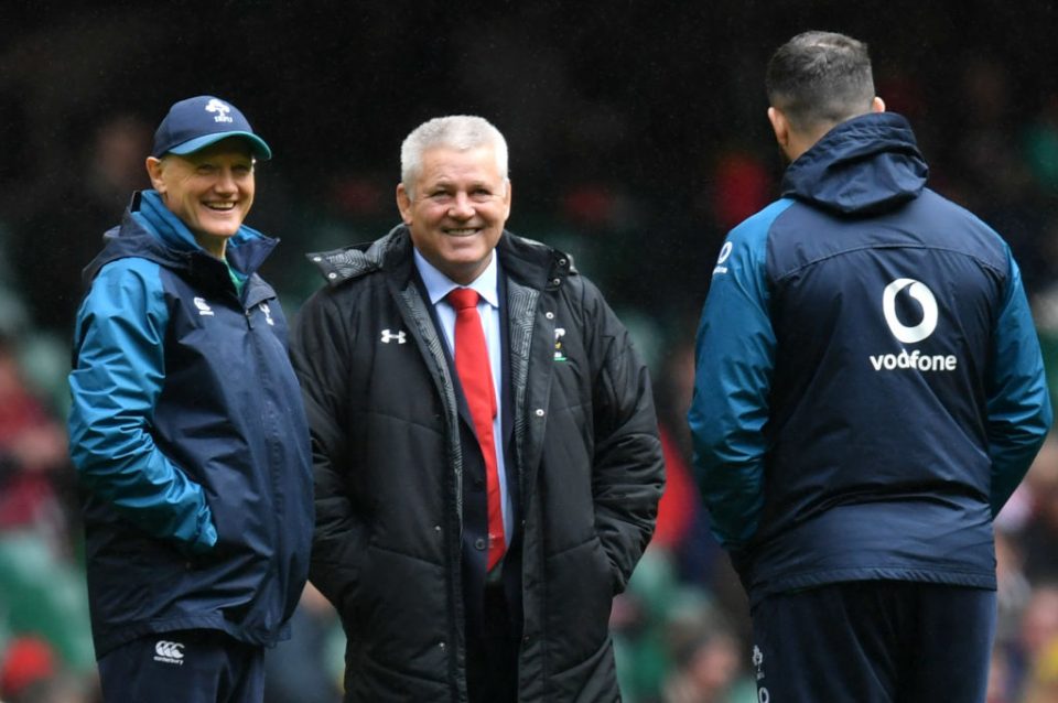 CARDIFF, WALES - MARCH 16: Warren Gatland head coach of Wales (C) speaks with Joe Schmidt head coach of Ireland (L) and Andy Farrell prior to the Guinness Six Nations match between Wales and Ireland at Principality Stadium on March 16, 2019 in Cardiff, Wales. (Photo by Dan Mullan/Getty Images)
