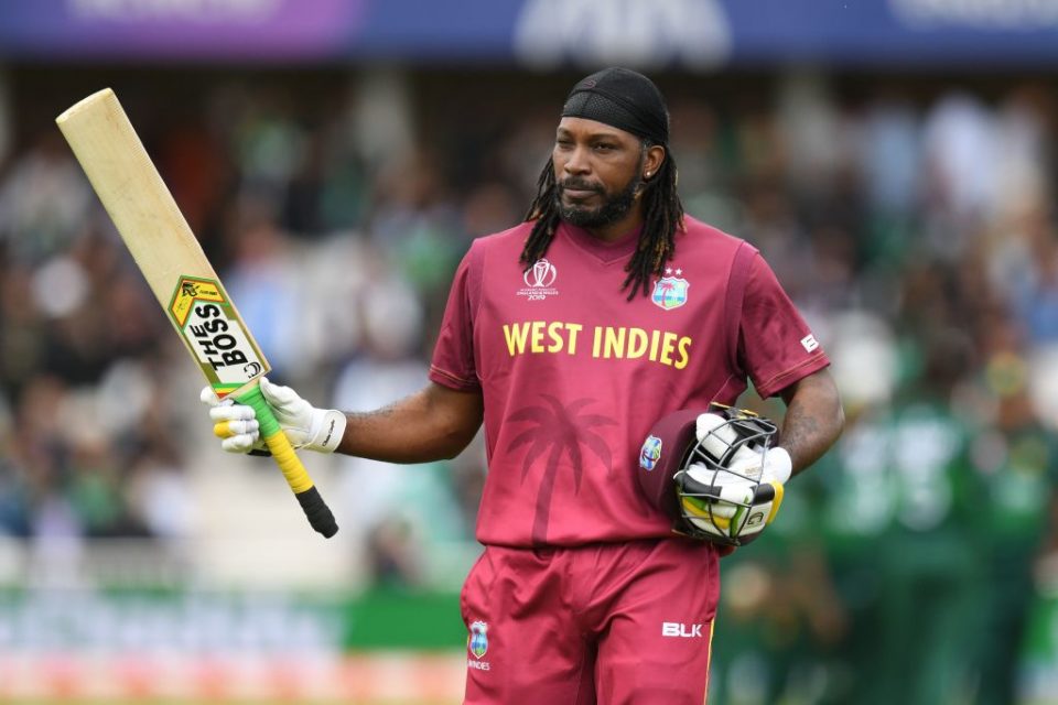 West Indies' Chris Gayle walks off after losing his wicket off the bowling of Pakistan's Mohammad Amir for 50 during the 2019 Cricket World Cup group stage match between West Indies and Pakistan at Trent Bridge in Nottingham, central England, on May 31, 2019. (Photo by Oli SCARFF / AFP) / RESTRICTED TO EDITORIAL USE        (Photo credit should read OLI SCARFF/AFP/Getty Images)