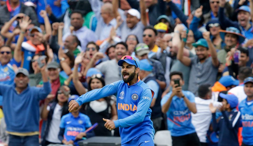 LONDON, ENGLAND - JUNE 09: Virat Kohli of India celebrates after catching out Nathan Coulter-Nile of Australia during the Group Stage match of the ICC Cricket World Cup 2019 between India and Australia at The Oval on June 9, 2019 in London, England. (Photo by Henry Browne/Getty Images)