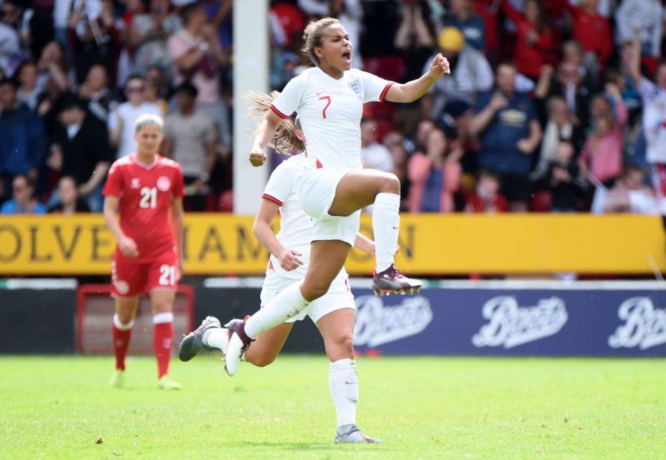 WALSALL, ENGLAND - MAY 25:   Nikita Parris of England celebrates after scoring her team's first goal during the International Friendly between England Women and Denmark Women at Bank's Stadium on May 25, 2019 in Walsall, England. (Photo by Nathan Stirk/Getty Images)