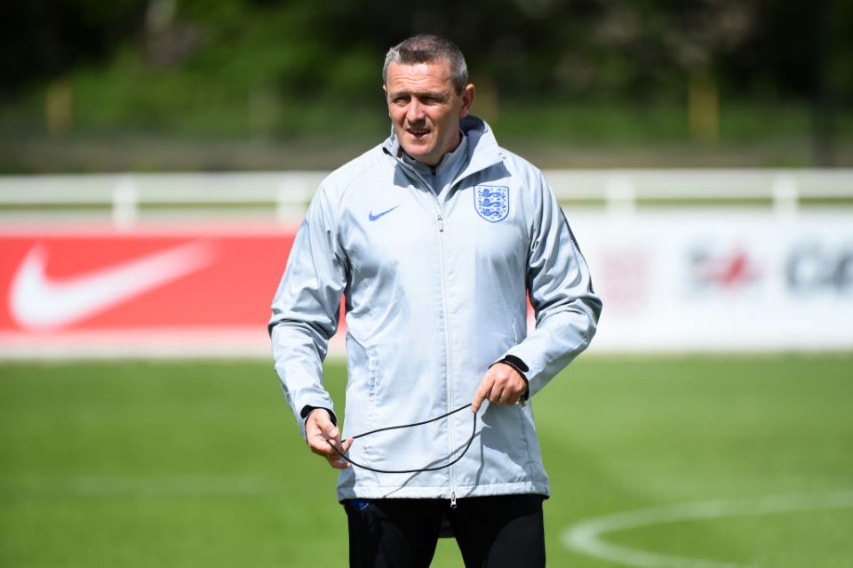 BURTON-UPON-TRENT, ENGLAND - MAY 27:   Aidy Boothroyd, Head Coach of England U21 looks on as his team trains during an England U21 Training Session at St Georges Park on May 27, 2019 in Burton-upon-Trent, England. (Photo by Nathan Stirk/Getty Images)