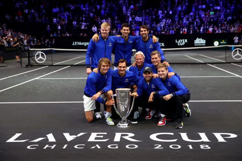 CHICAGO, IL - SEPTEMBER 23:  Team Europe poses with the trophy after their Men's Singles match on day three to win the 2018 Laver Cup at the United Center on September 23, 2018 in Chicago, Illinois.  (Photo by Clive Brunskill/Getty Images for The Laver Cup)