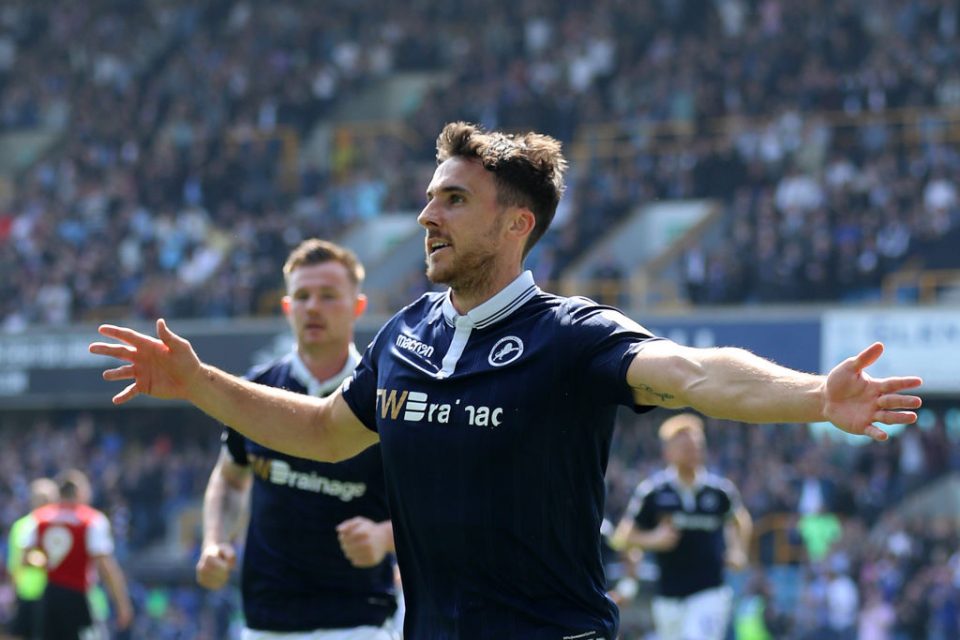 LONDON, ENGLAND - APRIL 19: Lee Gregory of Millwall celebrates after scoring his team's first goal during the Sky Bet Championship match between Millwall and Brentford at The Den on April 19, 2019 in London, England. (Photo by Warren Little/Getty Images)