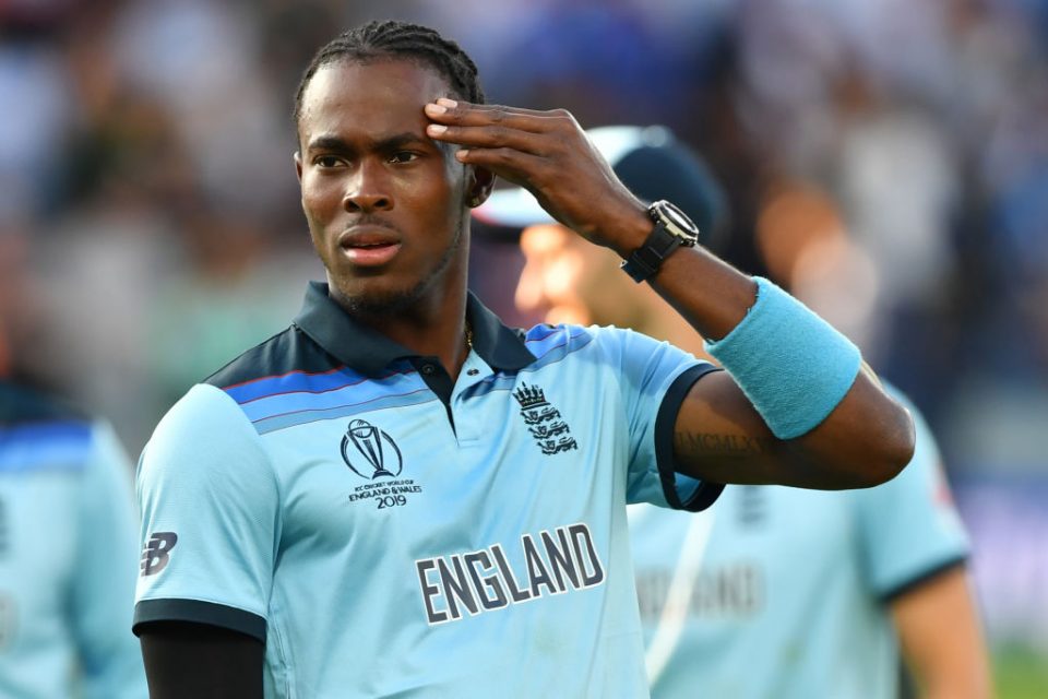 England's Jofra Archer gestures during the 2019 Cricket World Cup final between England and New Zealand at Lord's Cricket Ground in London on July 14, 2019. (Photo by Paul ELLIS / AFP) / RESTRICTED TO EDITORIAL USE        (Photo credit should read PAUL ELLIS/AFP/Getty Images)