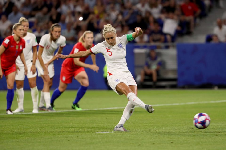 LYON, FRANCE - JULY 02: Steph Houghton of England misses a penalty during the 2019 FIFA Women's World Cup France Semi Final match between England and USA at Stade de Lyon on July 02, 2019 in Lyon, France. (Photo by Robert Cianflone/Getty Images)