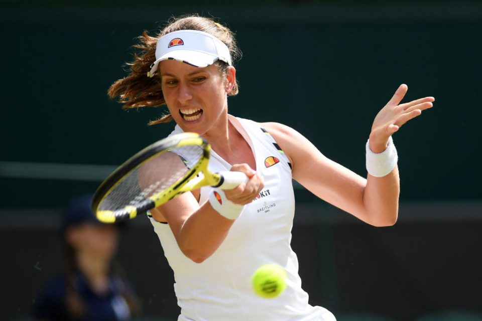 LONDON, ENGLAND - JULY 09: Johanna Konta of Great Britain plays a forehand in her Ladies' Singles Quarter Final match against Barbora Strycova of Czech Republic during Day Eight of The Championships - Wimbledon 2019 at All England Lawn Tennis and Croquet Club on July 09, 2019 in London, England. (Photo by Mike Hewitt/Getty Images)
