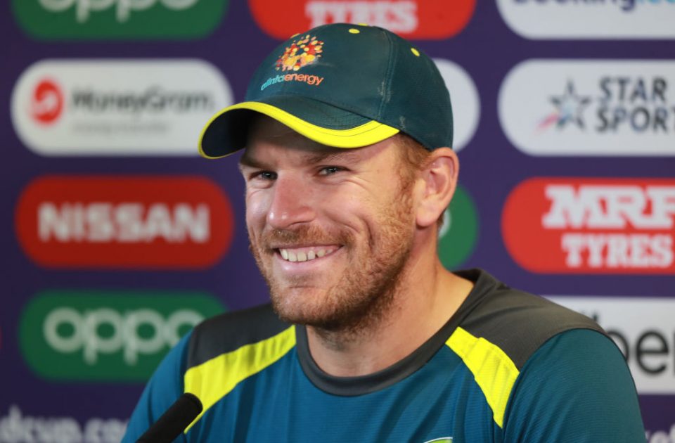 BIRMINGHAM, ENGLAND - JULY 10:  Aaron Finch,  the Australia captain talks to the media after the Australia nets practice at Edgbaston on July 10, 2019 in Birmingham, England. (Photo by David Rogers/Getty Images)