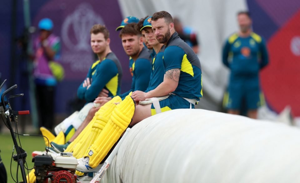 BIRMINGHAM, ENGLAND - JULY 10:   Matthew Wade looks on with team mates during the Australia nets practice at Edgbaston on July 10, 2019 in Birmingham, England. (Photo by David Rogers/Getty Images)