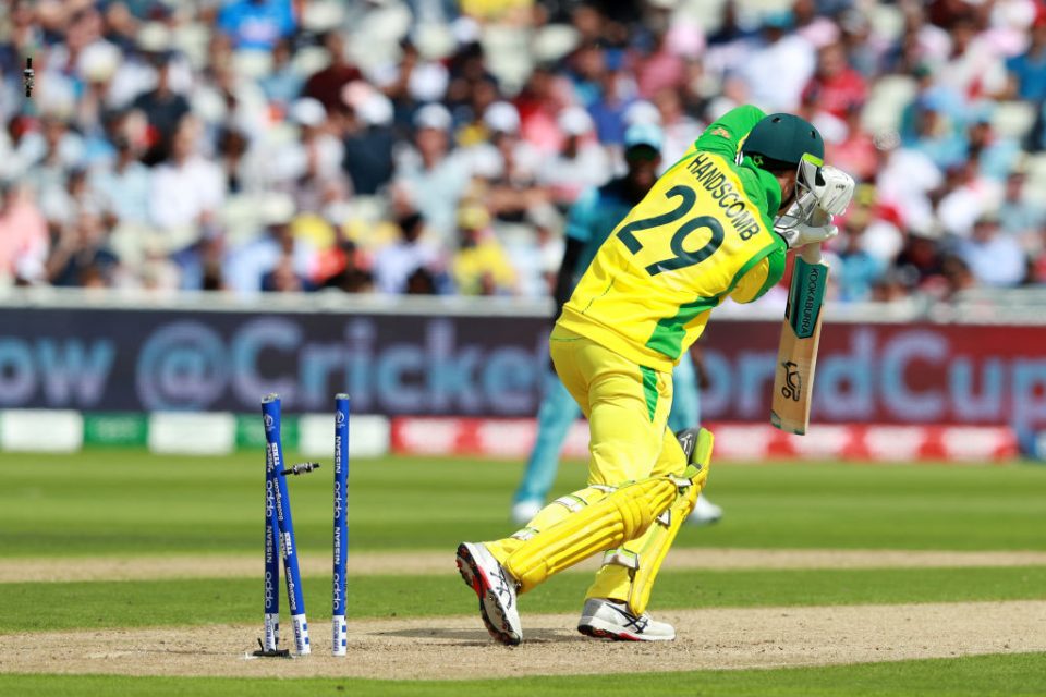 BIRMINGHAM, ENGLAND - JULY 11:  Peter Handscomb of Australia is bowled by Chris Woakes of England during the Semi-Final match of the ICC Cricket World Cup 2019 between Australia and England at Edgbaston on July 11, 2019 in Birmingham, England. (Photo by David Rogers/Getty Images)