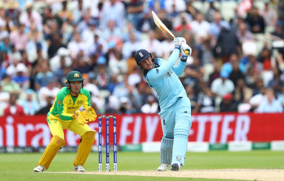 BIRMINGHAM, ENGLAND - JULY 11:  Jason Roy of England hits a six off the bowling of Steve Smith of Australia during the Semi-Final match of the ICC Cricket World Cup 2019 between Australia and England at Edgbaston on July 11, 2019 in Birmingham, England. (Photo by Michael Steele/Getty Images)