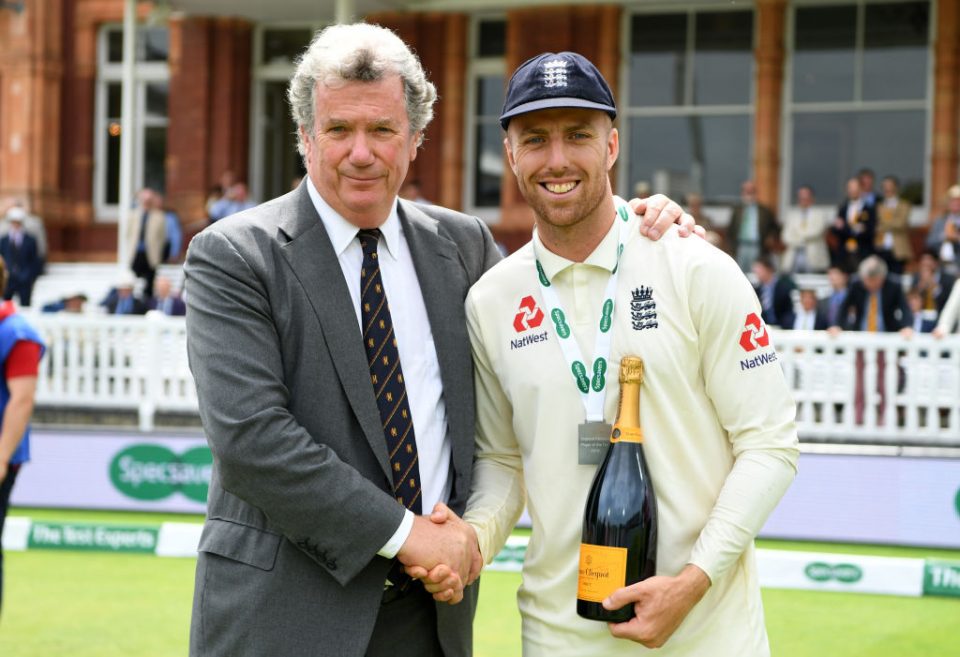 LONDON, ENGLAND - JULY 26: Jack Leach of England is presented with his man of match award after winning the Specsavers Test Match between England and Ireland at Lord's Cricket Ground on July 26, 2019 in London, England. (Photo by Gareth Copley/Getty Images)