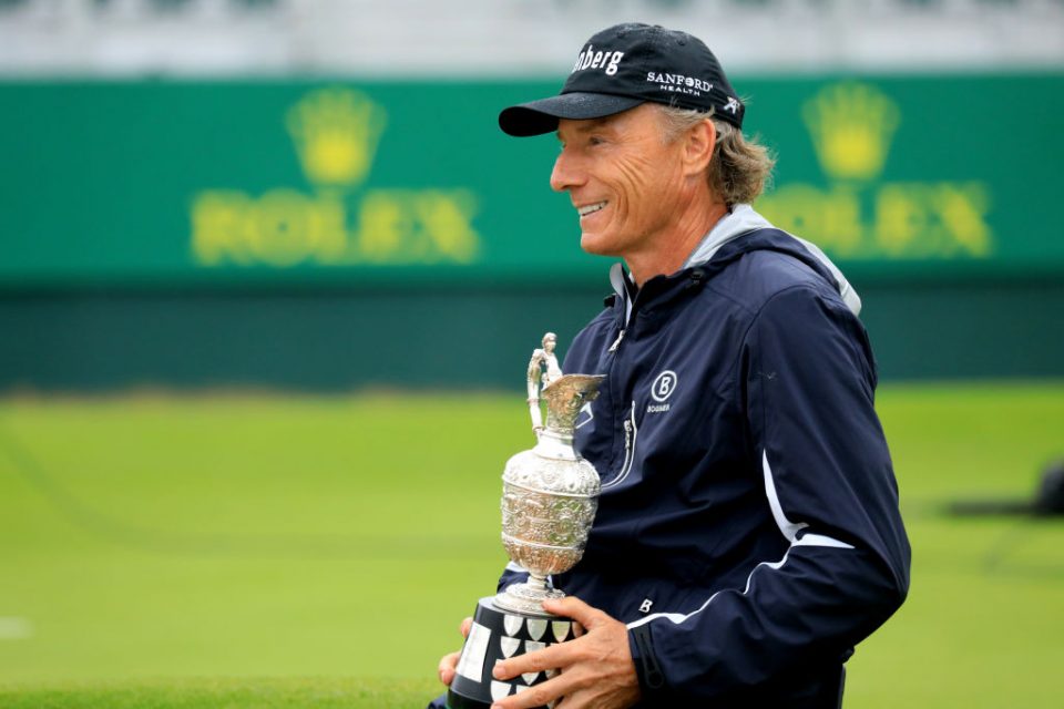 LYTHAM ST ANNES, ENGLAND - JULY 28: Bernhard Langer of Germany poses with the champions trophy after the final round of the Senior Open presented by Rolex played at Royal Lytham & St. Annes on July 28, 2019 in Lytham St Annes, England. (Photo by Phil Inglis/Getty Images)