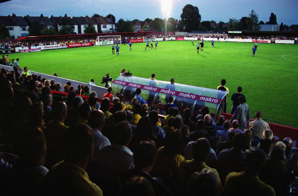 KINGSTON - 21 AUGUST:  General view of the sold-out Kingsmeadow Stadium during the Combined Counties League match between AFC Wimbledon and Chipstead at the Kingsmeadow Stadium in Kingston, England on 21 August, 2002. The match ended AFC Wimbledon 1 - Chipstead 2 and was the first ever home match for AFC Wimbledon. (Photo by Dave Etherdige-Barnes/Getty Images).