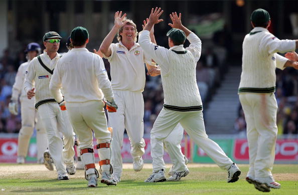 LONDON - SEPTEMBER 12:  Glenn McGrath of Australia celebrates taking the wicket of Ian Bell of England during day five of the fifth npower Ashes Test match between England and Australia at the Brit Oval on September 12, 2005 in London, England.  (Photo by Clive Rose/Getty Images)