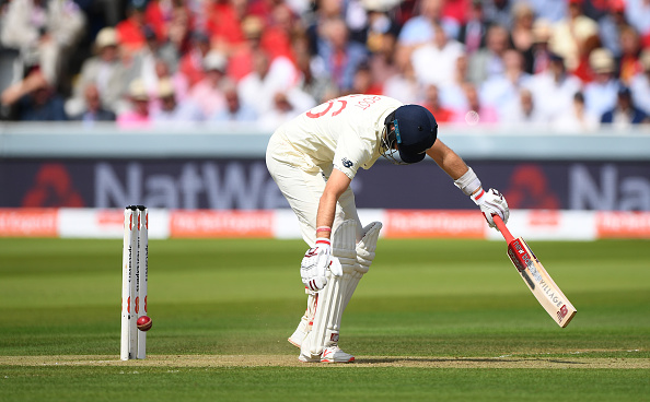 LONDON, ENGLAND - AUGUST 15: England batsman Joe Root is lbw to Josh Hazlewood during day two of the 2nd Test Match between England and Australia at Lord's Cricket Ground on August 15, 2019 in London, England. (Photo by Stu Forster/Getty Images)
