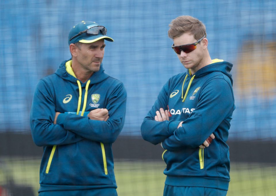 LEEDS, ENGLAND - AUGUST 21: Justin Langer, coach of Australia,  speaks with Steve Smith of Australia during the Australia Nets Session at Headingley on August 21, 2019 in Leeds, England. (Photo by Ryan Pierse/Getty Images)