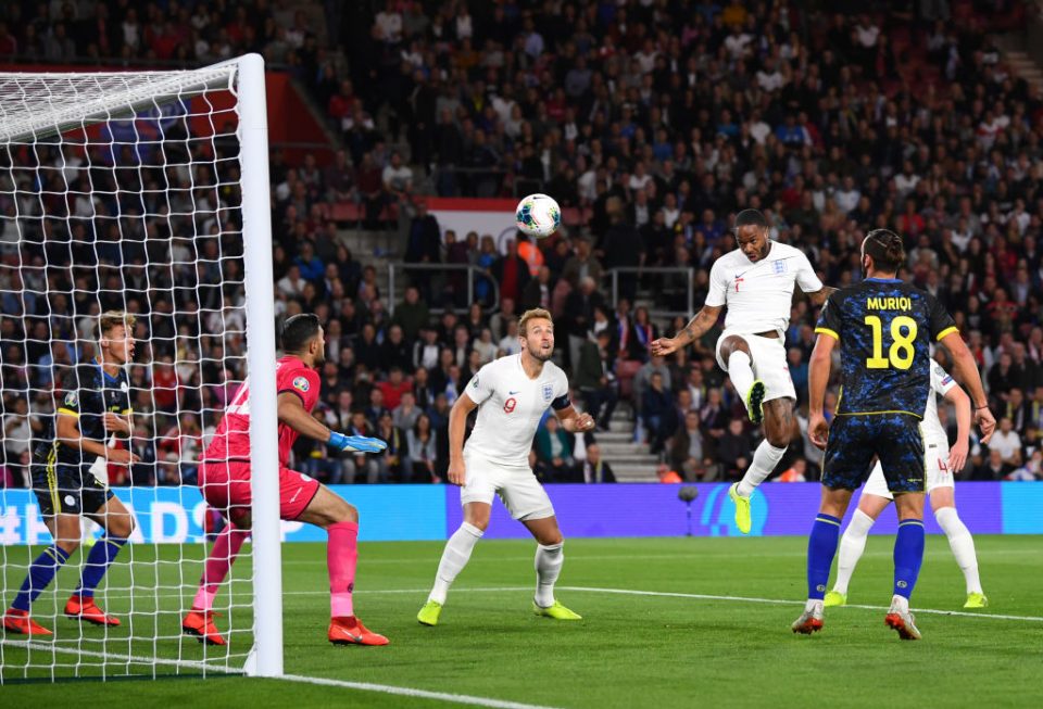 SOUTHAMPTON, ENGLAND - SEPTEMBER 10: Raheem Sterling of England scores his sides first goal during the UEFA Euro 2020 qualifier match between England and Kosovo at St. Mary's Stadium on September 10, 2019 in Southampton, England. (Photo by Clive Mason/Getty Images)