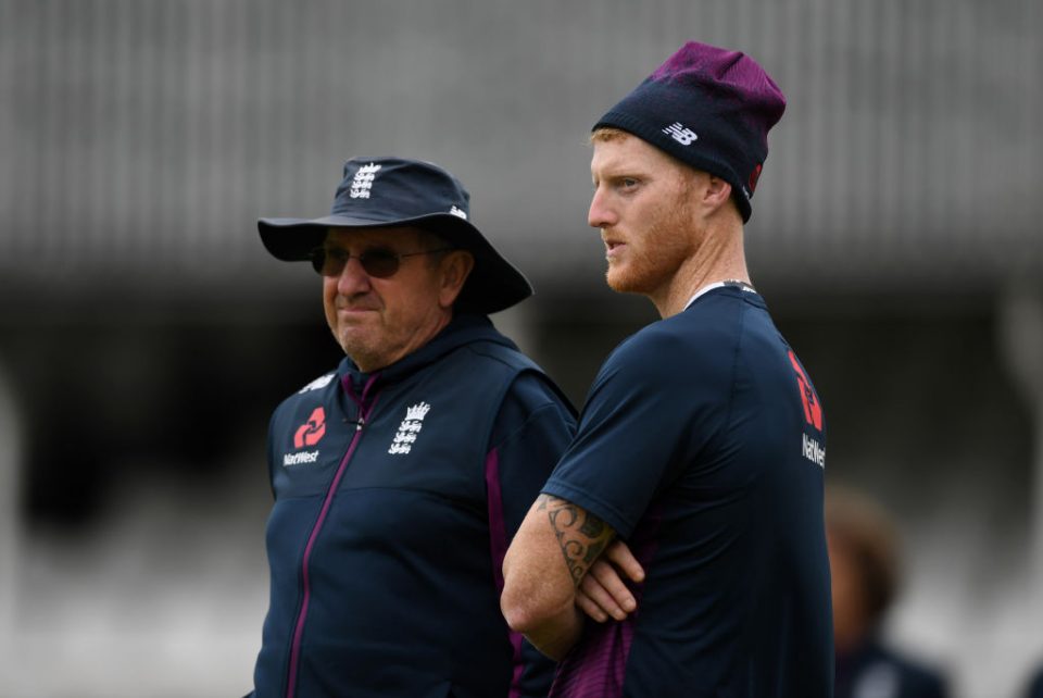 LONDON, ENGLAND - SEPTEMBER 11: Ben Stokes of England speaks with coach Trevor Bayliss during a nets session at The Kia Oval on September 11, 2019 in London, England. (Photo by Gareth Copley/Getty Images)