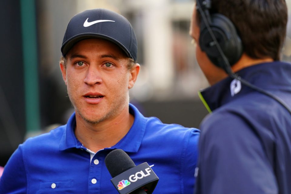 NAPA, CALIFORNIA - SEPTEMBER 29: Cameron Champ is interviewed after winning the final round of the Safeway Open at the Silverado Resort on September 29, 2019 in Napa, California. (Photo by Daniel Shirey/Getty Images)