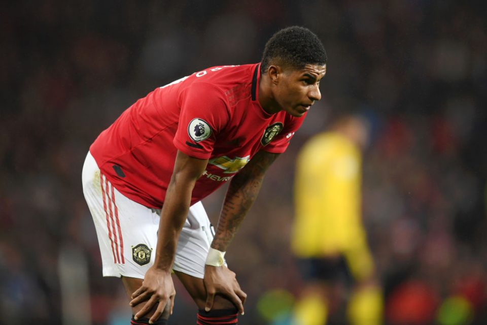 MANCHESTER, ENGLAND - SEPTEMBER 30:   Marcus Rashford of Manchester United looks on during the Premier League match between Manchester United and Arsenal FC at Old Trafford on September 30, 2019 in Manchester, United Kingdom. (Photo by Michael Regan/Getty Images)