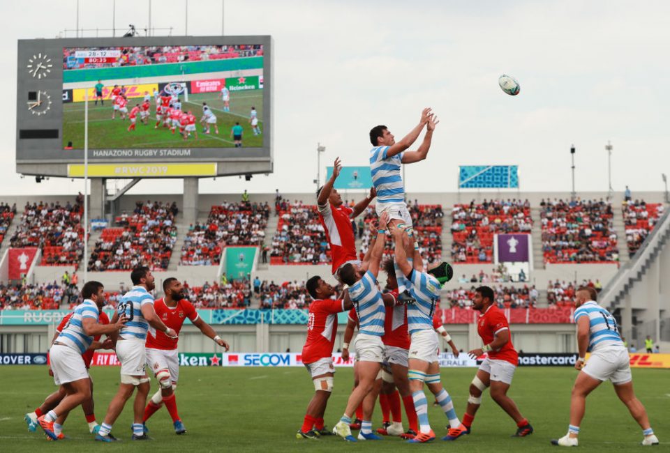 HIGASHIOSAKA, JAPAN - SEPTEMBER 28: Guido Petti Pagadizabal of Argentina wins a line out during the Rugby World Cup 2019 Group C game between Argentina and Tonga at Hanazono Rugby Stadium on September 28, 2019 in Higashiosaka, Osaka, Japan. (Photo by David Rogers/Getty Images)
