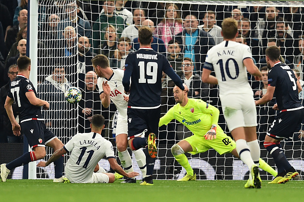 Tottenham Hotspur's Argentinian midfielder Erik Lamela (2L) scores his team's fourth goal during the UEFA Champions League Group B football match between Tottenham Hotspur and Red Star Belgrade at the Tottenham Hotspur Stadium in north London, on October 22, 2019. (Photo by Glyn KIRK / AFP) (Photo by GLYN KIRK/AFP via Getty Images)