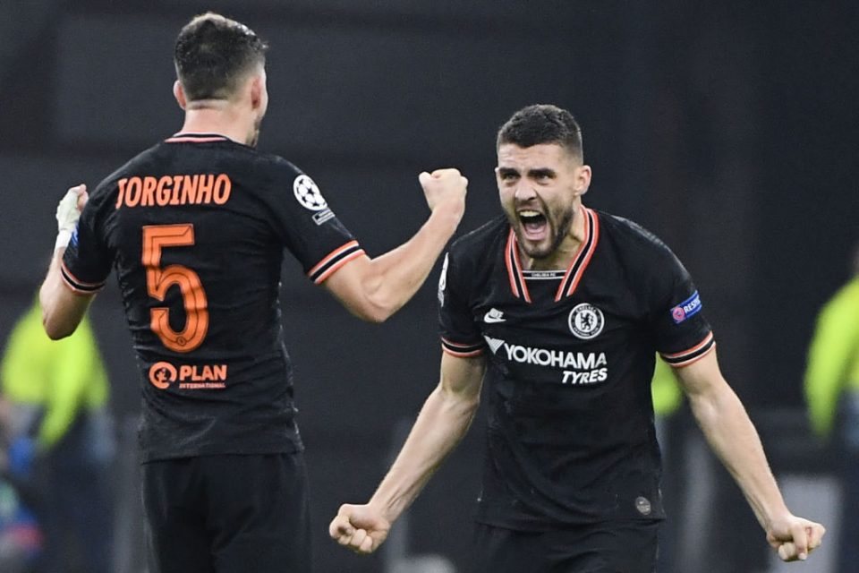 Chelsea's Italian midfielder Jorginho (L) and Chelsea's Croatian midfielder Mateo Kovacic celebrate after winning  at the end of the UEFA Champions League Group H football match between Ajax Amsterdam and Chelsea on October 23, 2019 at the Johan Cruijff Arena, in Amsterdam. (Photo by John THYS / AFP) (Photo by JOHN THYS/AFP via Getty Images)