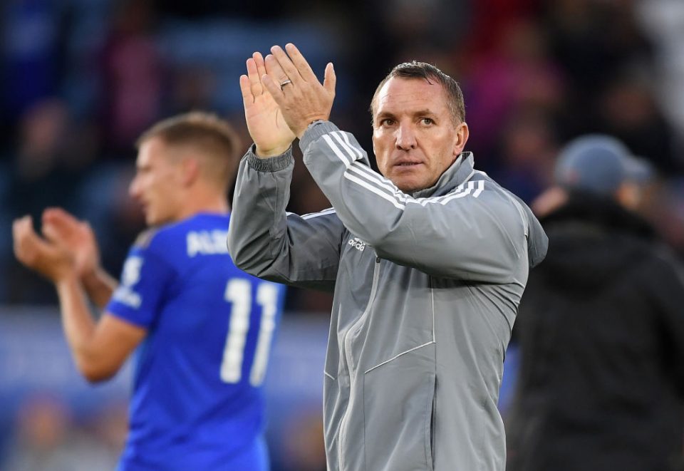LEICESTER, ENGLAND - SEPTEMBER 29: Brendan Rodgers, Manager of Leicester City applauds fans after the Premier League match between Leicester City and Newcastle United at The King Power Stadium on September 29, 2019 in Leicester, United Kingdom. (Photo by Michael Regan/Getty Images)
