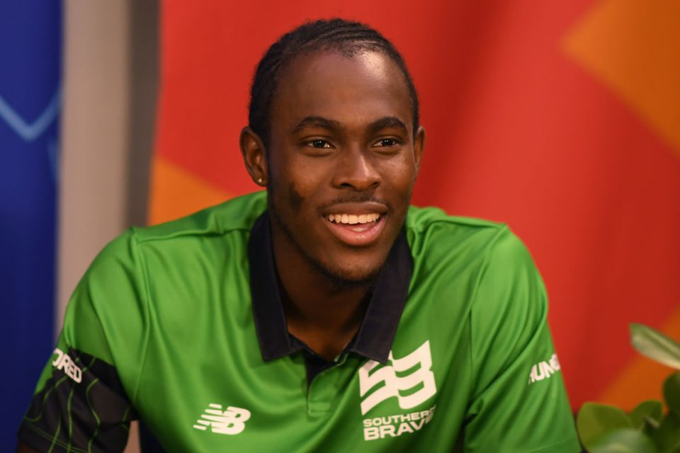 ISLEWORTH, ENGLAND - OCTOBER 20: Jofra Archer of Southern Brave looks on during The Hundred Draft at Sky Studios on October 20, 2019 in Isleworth, England. (Photo by Alex Davidson/Getty Images for ECB)