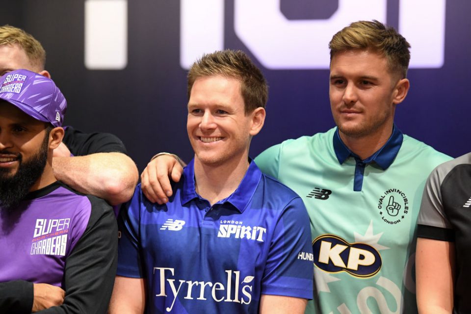 ISLEWORTH, ENGLAND - OCTOBER 20: Eoin Morgan of London Spirit and Jason Roy of Oval Invincibles look on as players for the eight teams in The Hundred line up following The Hundred Draft, broadcast live from Sky Studios on October 20, 2019 in Isleworth, England. (Photo by Alex Davidson/Getty Images for ECB)