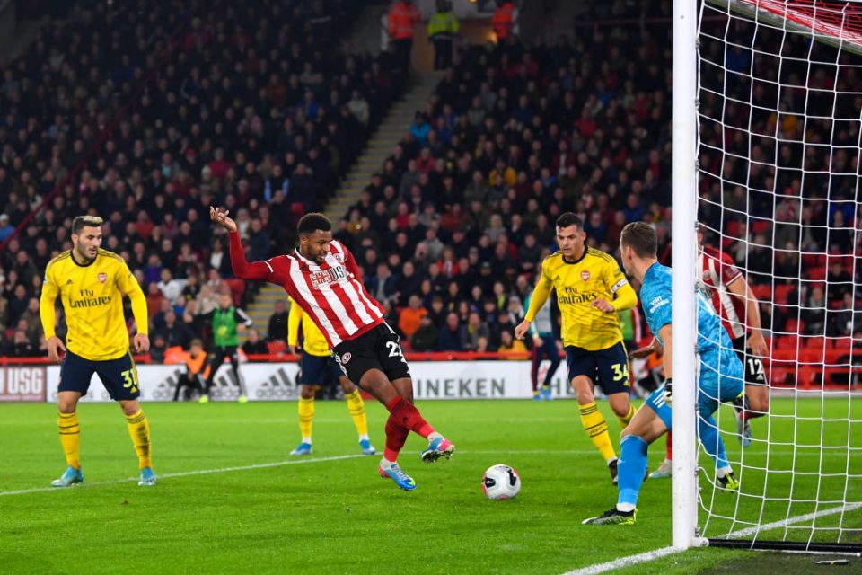 SHEFFIELD, ENGLAND - OCTOBER 21: Lys Mousset of Sheffield United scores the winning goal during the Premier League match between Sheffield United and Arsenal FC at Bramall Lane on October 21, 2019 in Sheffield, United Kingdom. (Photo by Michael Regan/Getty Images)