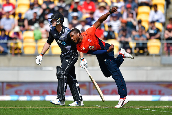 England's Chris Jordan bowls during the Twenty20 cricket match between New Zealand and England at Westpac Stadium in Wellington on November 3, 2019. (Photo by Marty MELVILLE / AFP) (Photo by MARTY MELVILLE/AFP via Getty Images)