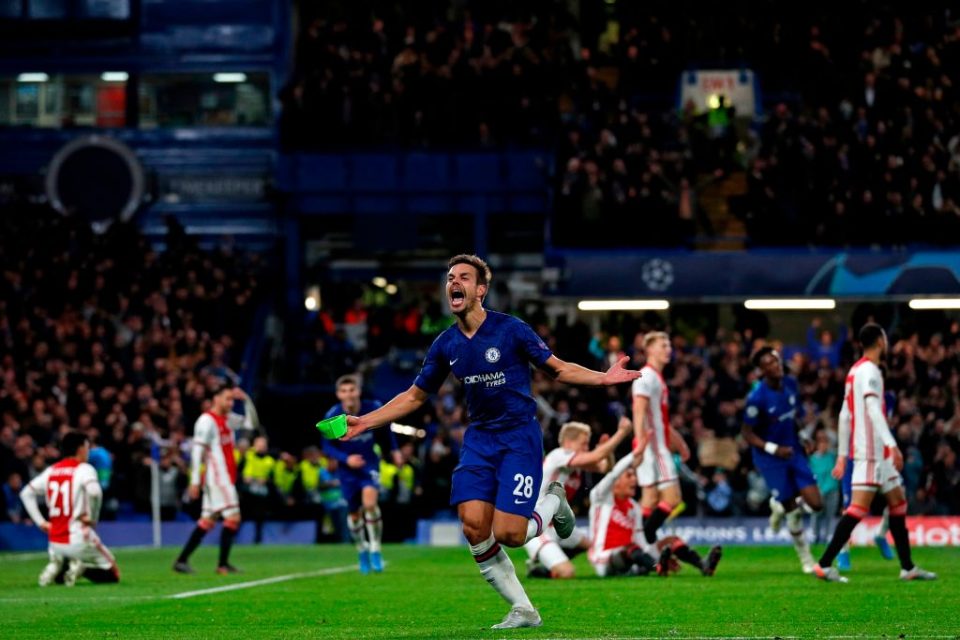 Chelsea's Spanish defender Cesar Azpilicueta (C) celebrates after thinking he's scored their fifth goal but it is disallowed by the VAR (Video Assistant Referee) during the UEFA Champion's League Group H football match between Chelsea and Ajax at Stamford Bridge in London on November 5, 2019. (Photo by Adrian DENNIS / AFP) (Photo by ADRIAN DENNIS/AFP via Getty Images)