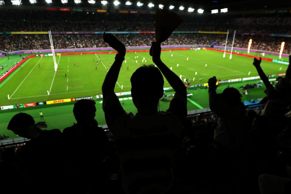 YOKOHAMA, JAPAN - OCTOBER 26: A general view as  fans celebrate during the Rugby World Cup 2019 Semi-Final match between England and New Zealand at International Stadium Yokohama on October 26, 2019 in Yokohama, Kanagawa, Japan. (Photo by Dan Mullan/Getty Images)