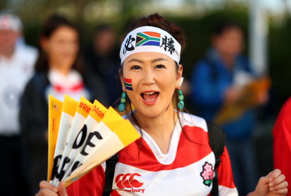 YOKOHAMA, JAPAN - NOVEMBER 02: A fan poses for a photo outside the stadium prior to the Rugby World Cup 2019 Final between England and South Africa at International Stadium Yokohama on November 02, 2019 in Yokohama, Kanagawa, Japan. (Photo by Dan Mullan/Getty Images)