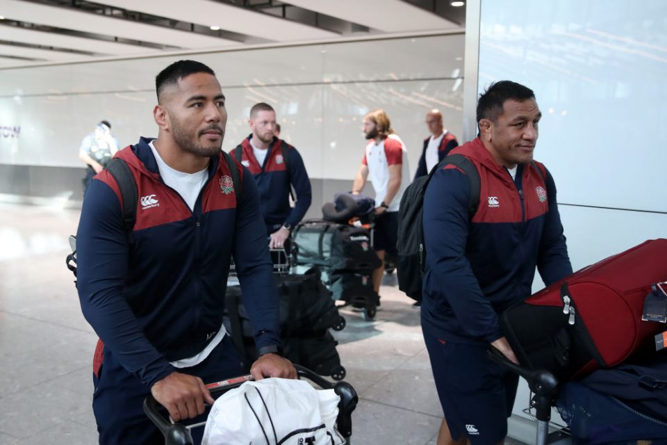 LONDON, ENGLAND - NOVEMBER 04: Manu Tuilagi and Mako Vunipola of England arrive during the England Rugby World Cup Team Arrivals following the Rugby World Cup at Heathrow Airport on November 04, 2019 in London, England. (Photo by Christopher Lee/Getty Images)