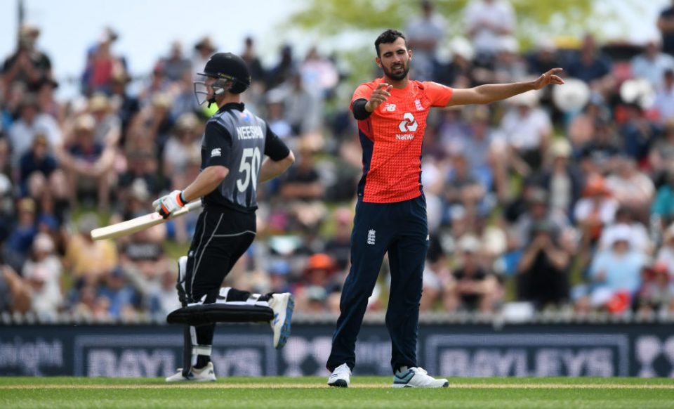 NELSON, NEW ZEALAND - NOVEMBER 05: Saqib Mahmood of England celebrates dismissing Ross Taylor of New Zealand during game three of the Twenty20 International series between New Zealand and England at Saxton Field on November 05, 2019 in Nelson, New Zealand. (Photo by Gareth Copley/Getty Images)