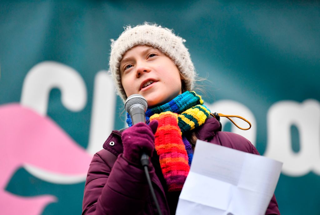 Swedish environmentalist Greta Thunberg speaks during a  "Youth Strike 4 Climate" protest march in Brussels