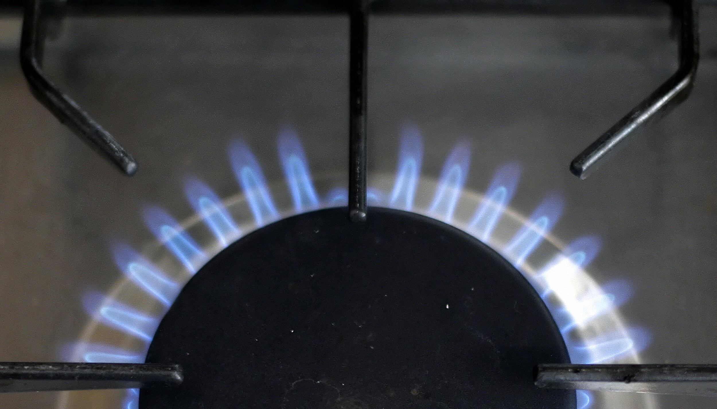 A gas burner of a stove is pictured in L