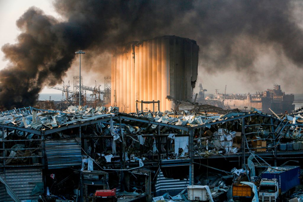 A picture shows a destroyed silo at the scene of an explosion at the port in the Lebanese capital Beirut