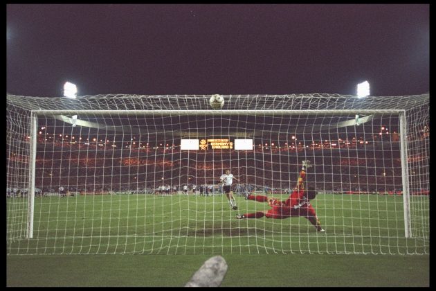 Germany has the edge over England in penalty shoot-outs, having beaten them in 1996 (above) and 1990