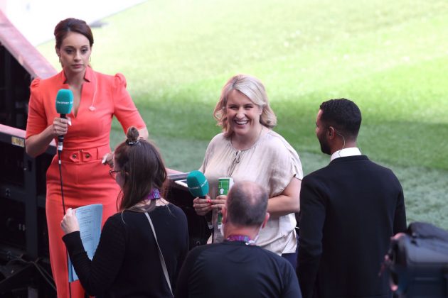 Chelsea Women manager Emma Hayes (centre) won plaudits for her Euro 2020 punditry on ITV